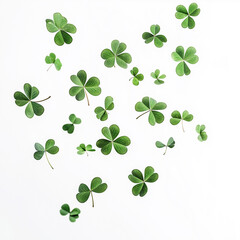 A swirl of four leaf clovers dancing gracefully in the air against a bright white background