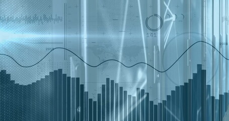 Image of financial data processing with light trails over server room