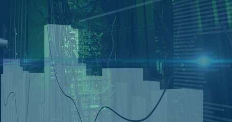 Image of financial data processing with light trails over server room