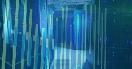 Image of financial data processing over server room