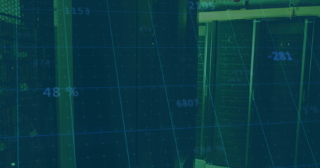 Image of financial data processing over server room