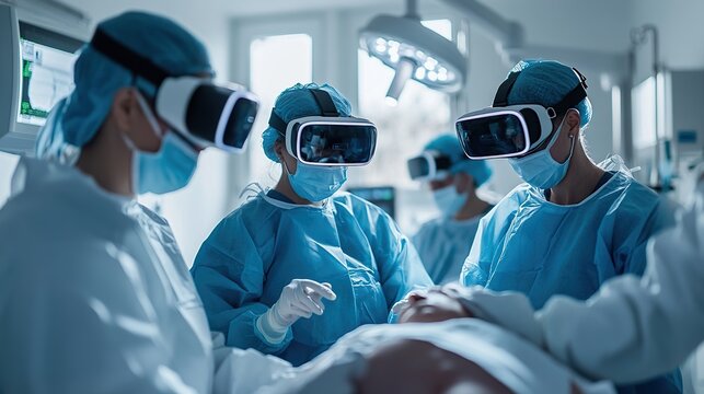 Surgeons Wearing Glasses VR Headset Perform State-of-the-Art Augmented Reality Surgery in High Tech Hospital. Doctors and Assistants Working in Operating Room.