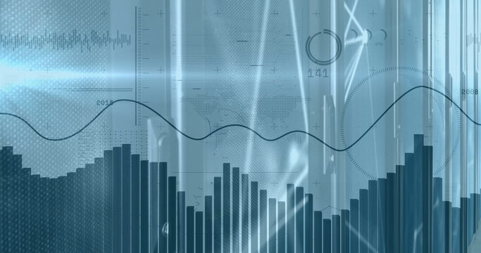 Image of financial data processing with light trails over server room - Powered by Adobe