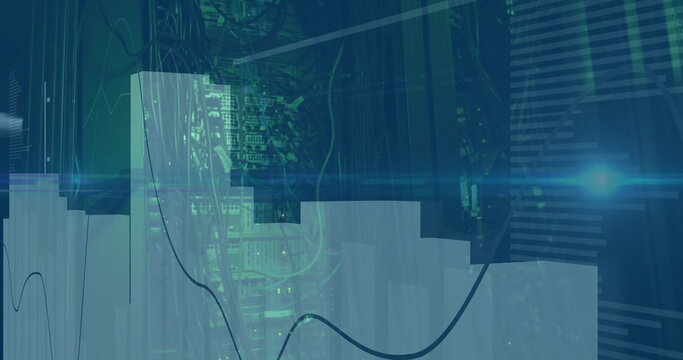 Image of financial data processing with light trails over server room