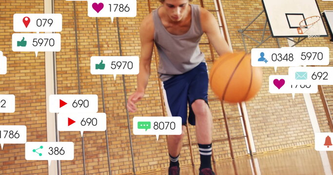 Image of digital data processing over caucasian basketball player - Powered by Adobe