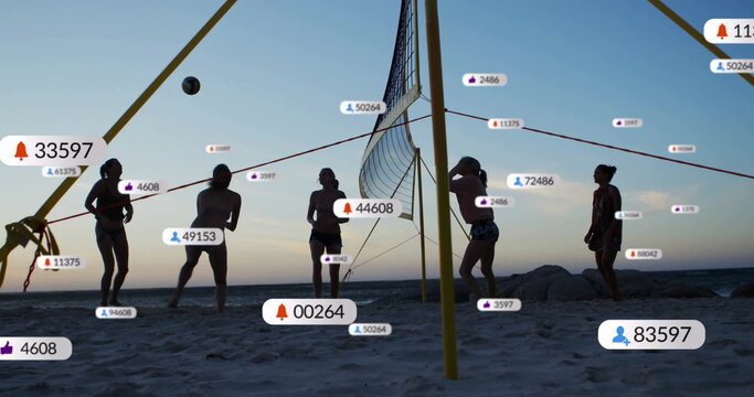 Image of digital data processing over diverse beach volleyball players