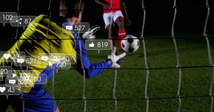 Image of digital data processing over diverse football players on field
