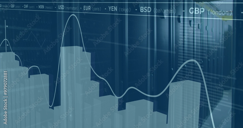Poster image of financial data processing over server room