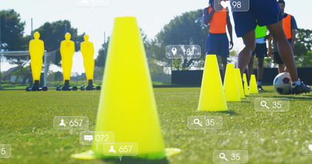 Image of digital data processing over diverse football players on field