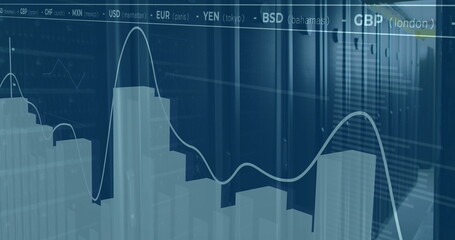 Image of financial data processing over server room