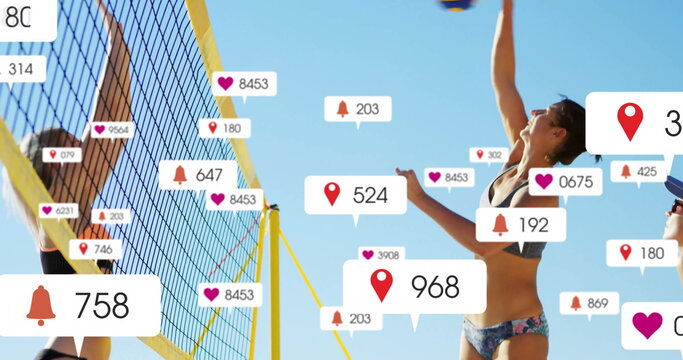 Image of digital data processing over diverse beach volleyball players