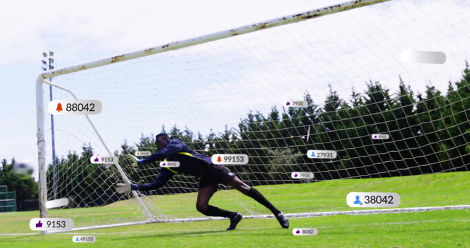 Image of digital data processing over african american football goal keeper on field