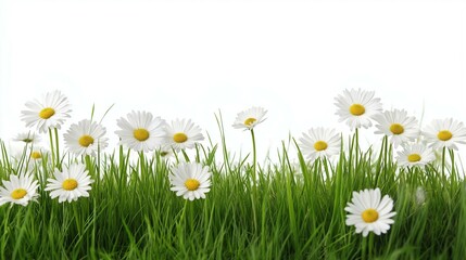 Field of White Daisies Blooming in Lush Green Grass Against a Clear Sky Background