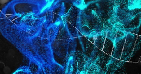 Image of dna strand and mesh with spots of light on dark background