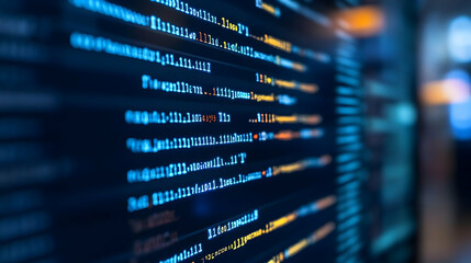 Fototapeta premium A Close-Up View of a Computer Screen Displaying Lines of Code in a Blue and Yellow Color Scheme, Representing the Complex World of Programming and Software Development