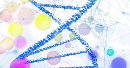 Image of dna strand and spots of light on white background