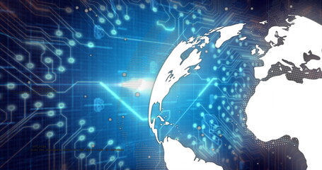 Image of bitcoin icon, data processing over globe