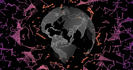 Image of connections and digital data processing over globe on black background