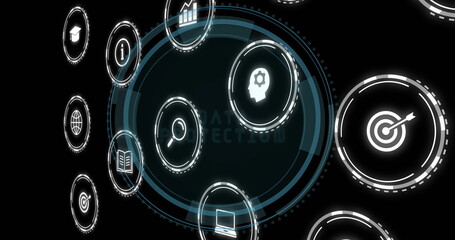 Image of digital icons and data processing over scope scanning on black background