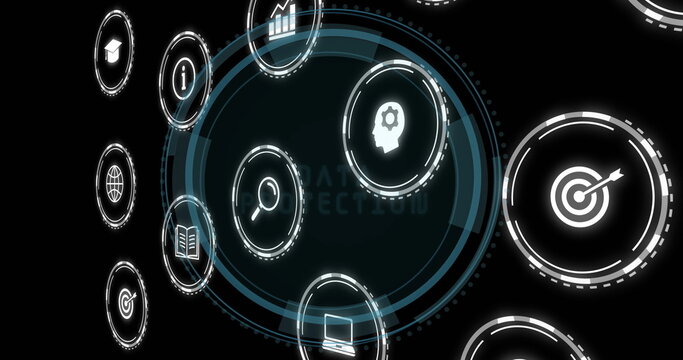 Image of digital icons and data processing over scope scanning on black background