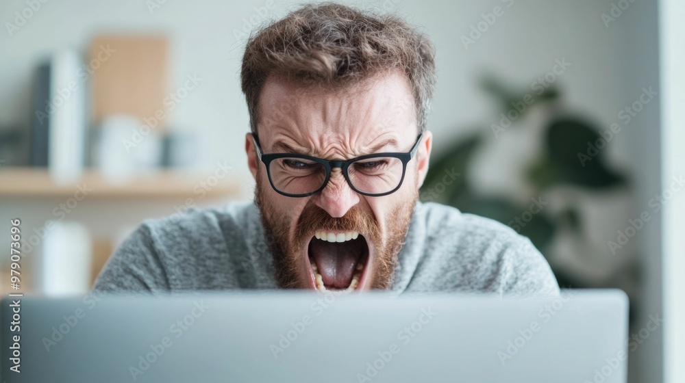 Poster a mid adult businessman yelling intensely at his computer screen displaying deep and rage over a tec