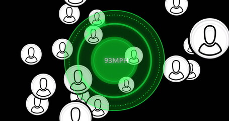 Image of digital people icons and data processing over speedometer on black background