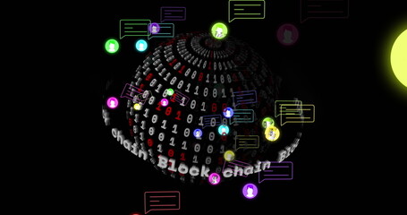 Image of block chain text, binary coding and digital data processing over globe