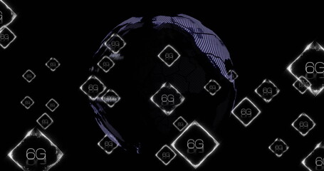 Image of 6g text and digital data processing over globe