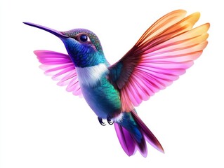 Render a colorful hummingbird suspended mid-air, its iridescent plumage gleaming, on a pure white background