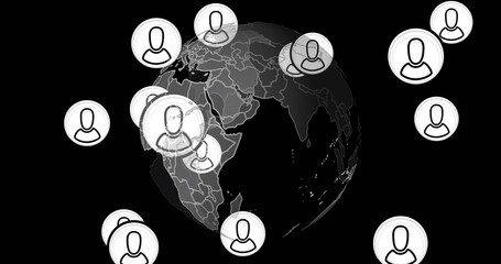 Image of digital people icons and data processing over globe on black background