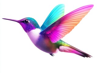 Obraz premium Render a colorful hummingbird suspended mid-air, its iridescent plumage gleaming, on a pure white background