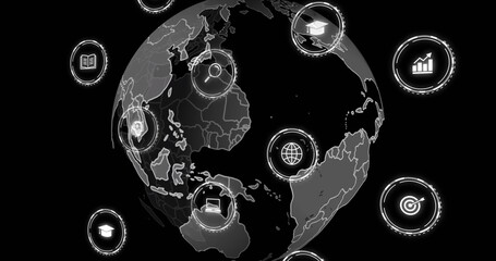 Image of digital icons and data processing over globe on black background