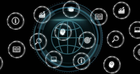 Image of digital icons and data processing over globe on black background