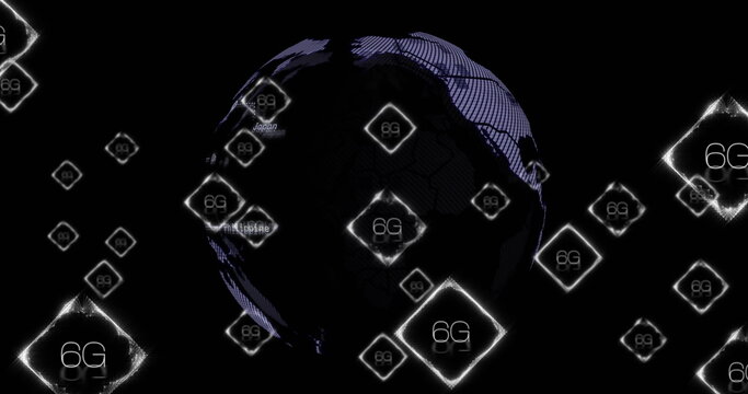 Image of 6g text and digital data processing over globe