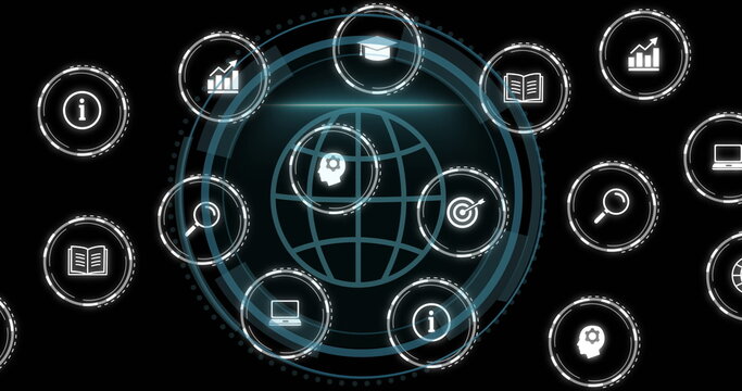Image of digital icons and data processing over globe on black background