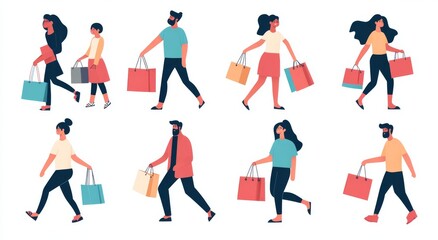 Obraz premium Buying products in market place. Modern shopper characters collection illustrating a buyer and a shopper.