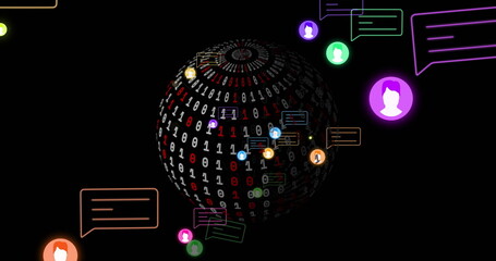 Image of ai icons and digital data processing with binary coding over globe