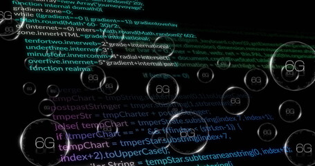 Image of 6g text and digital data processing over black background