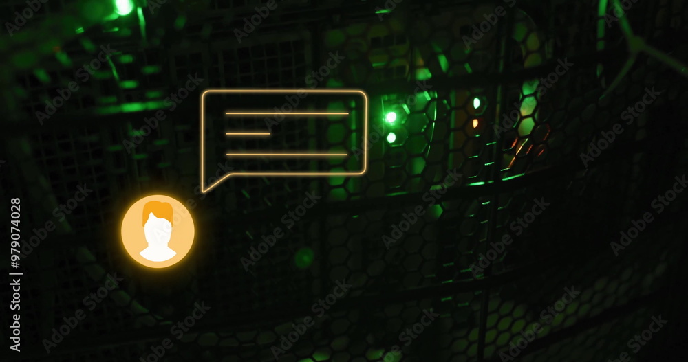 Poster image of orange chat bot message icon over glowing computer server in dark room