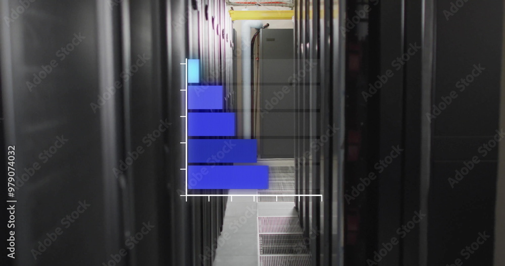 Poster image of blue graph over computer server room