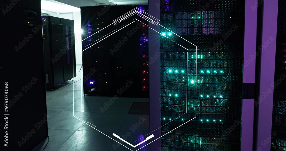 Poster image of hexagonal scanner frame over glowing computer servers in server room