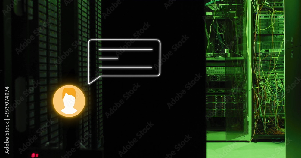 Poster image of orange chat bot message icon over glowing computer server in dark room