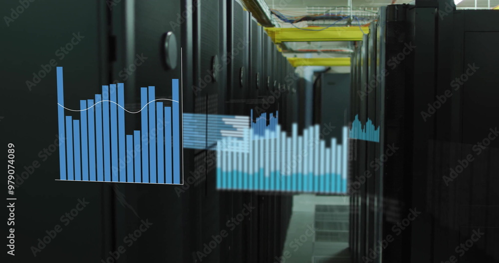 Poster image of blue graphs over computer server room