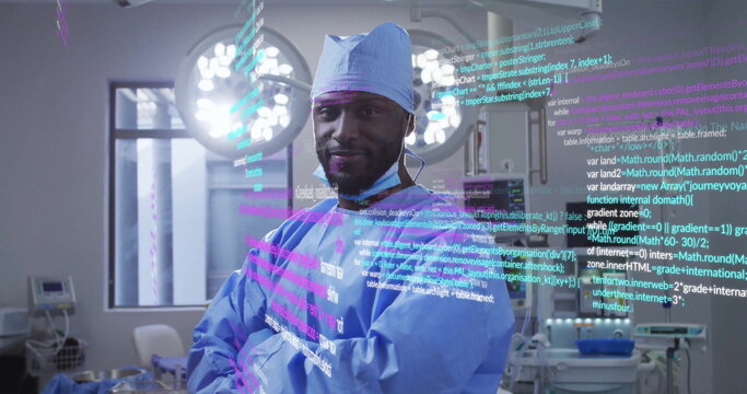 Image of data processing over biracial male surgeon with face mask