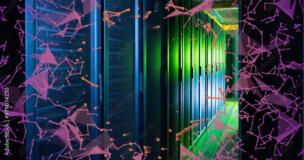 Poster image of pink communication networks floating over dark computer server room