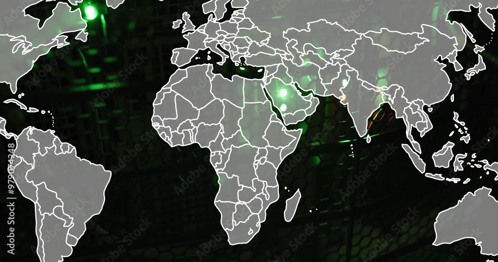 Poster image of grey world map over glowing computer servers in dark server room
