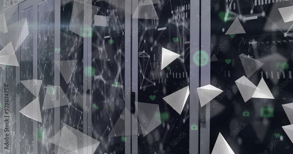Aufkleber image of floating 3d grey pyramids, green icons and networks over computer server room