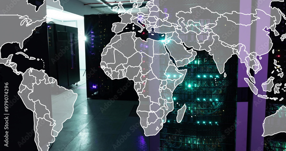 Poster image of grey world map over glowing computer servers in server room