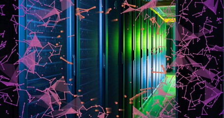Image of pink communication networks floating over dark computer server room