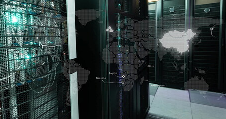 Image of countries flashing on world map over computer server room
